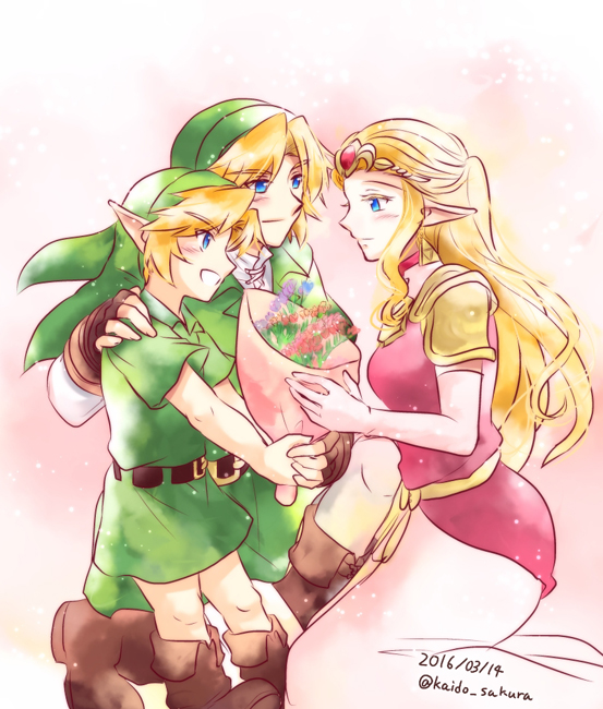 1girl blonde_hair blue_eyes blush closed_eyes dual_persona flower kaidou_mitsuki link long_hair open_mouth pointy_ears princess_zelda short_hair smile super_smash_bros. the_legend_of_zelda the_legend_of_zelda:_ocarina_of_time time_paradox young_link younger