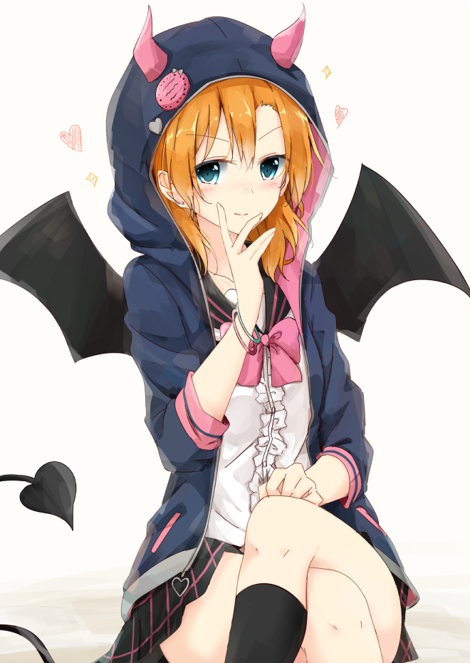 &gt;:) 1girl bangs black_legwear blue_eyes bow bowtie bracelet center_frills crossed_legs demon_horns demon_tail demon_wings hand_on_own_chin hand_on_own_knee heart hood hood_up hooded_jacket horns jacket jewelry kneehighs kousaka_honoka love_live! love_live!_school_idol_festival love_live!_school_idol_project orange_hair pin pink_bow pink_bowtie sailor_collar shiina_kuro sitting skirt solo tail wings