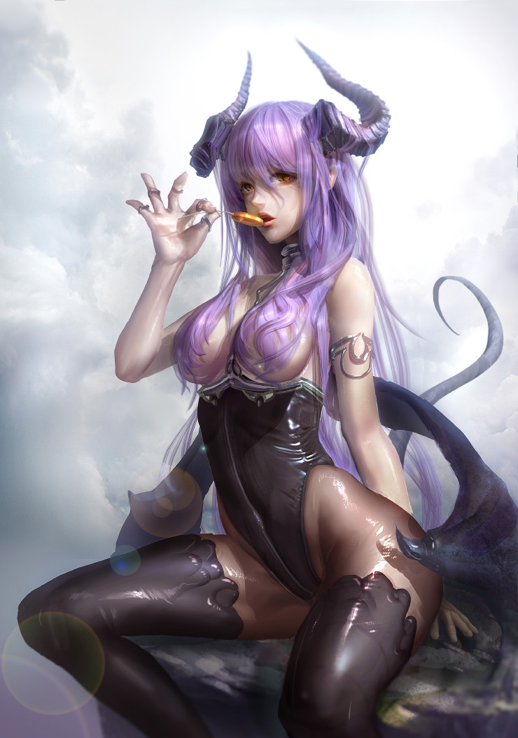 1girl arm_support armlet bare_shoulders black_legwear black_leotard breasts candy clouds cloudy_sky coldrim covered_navel day demon_girl demon_horns demon_tail demon_wings food hair_over_breasts highleg highleg_leotard holding holding_food horns jewelry lavender_hair lens_flare leotard lollipop long_hair looking_at_viewer medium_breasts open_mouth original pantyhose revealing_clothes ring sitting sky slit_pupils solo succubus tail thigh-highs wings yellow_eyes