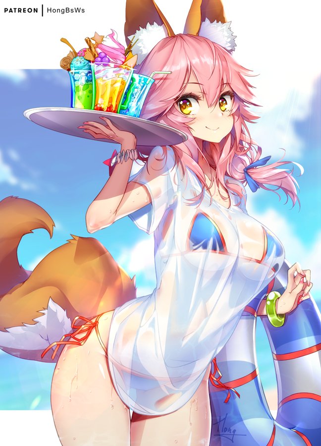 1girl animal_ears bangs bendy_straw bikini bikini_under_clothes blue_bikini blue_ribbon blue_sky blush bracelet breasts brown_eyes closed_mouth clouds cowboy_shot cup day drink drinking_glass drinking_straw eyebrows_visible_through_hair fate/extra fate/grand_order fate_(series) food fox_ears fox_girl fox_tail gluteal_fold hair_between_eyes hair_over_shoulder hair_ribbon hat holding holding_tray hong_(white_spider) ice_cream innertube jewelry large_breasts leaning_forward long_hair medium_breasts nail_polish navel outdoors pink_hair ribbon see-through shirt short_sleeves side-tie_bikini sidelocks sky smile solo string_bikini sun_hat swimsuit t-shirt tail tamamo_(fate)_(all) tamamo_no_mae_(swimsuit_lancer)_(fate) tray wet wet_clothes wet_shirt yellow_eyes