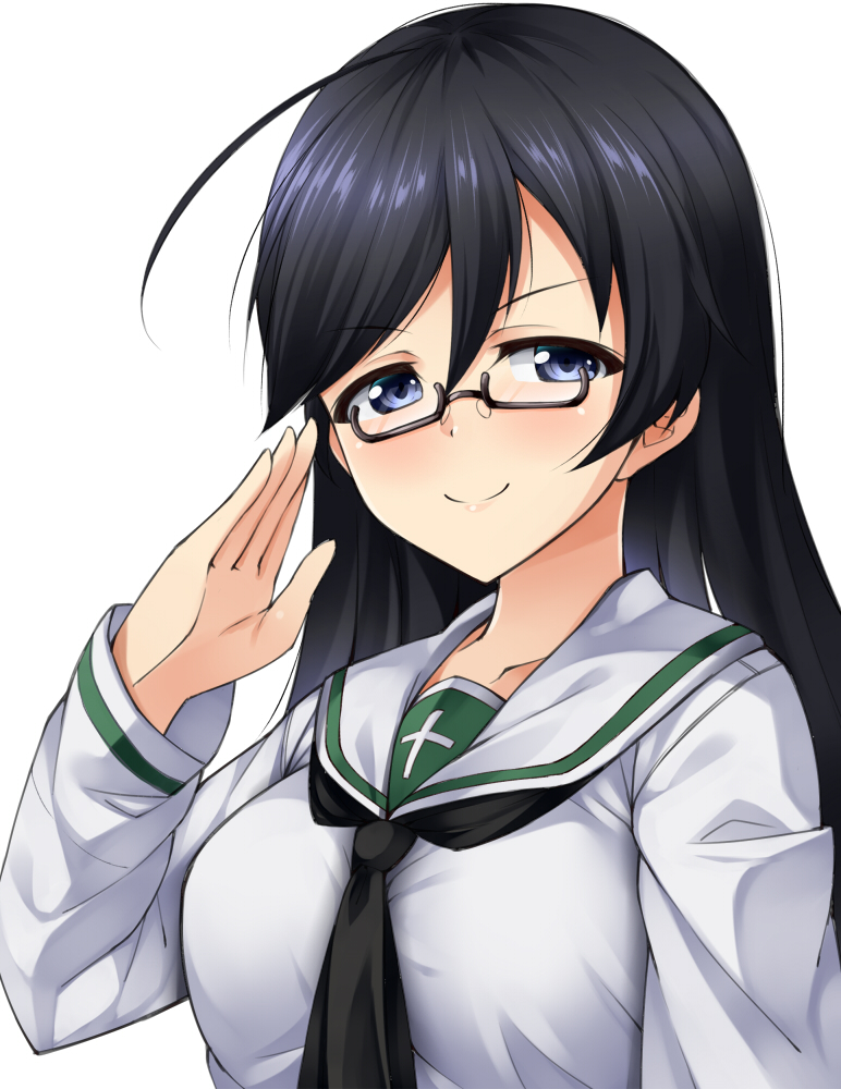 1girl ahoge bespectacled black_hair blue_eyes breasts commentary_request girls_und_panzer glasses isuzu_hana kuragari light_smile long_hair long_sleeves looking_at_viewer medium_breasts neckerchief salute school_uniform simple_background smile solo upper_body white_background