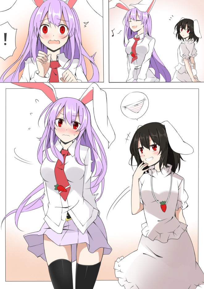 ! /\/\/\ animal_ears arms_behind_back belt black_hair black_legwear blouse blush breasts bunny_tail carrot_necklace collared_shirt cowboy_shot grin hand_to_own_mouth inaba_tewi lavender_hair long_hair looking_at_another motion_lines musical_note necktie open_mouth panties rabbit_ears red_eyes reisen_udongein_inaba shirt short_hair skirt skirt_tug smile spoken_exclamation_mark spoken_object spoken_panties striped striped_panties surprised sweatdrop tail thigh-highs tie_clip touhou underwear wavy_mouth xialuluo_(sharuro) zettai_ryouiki