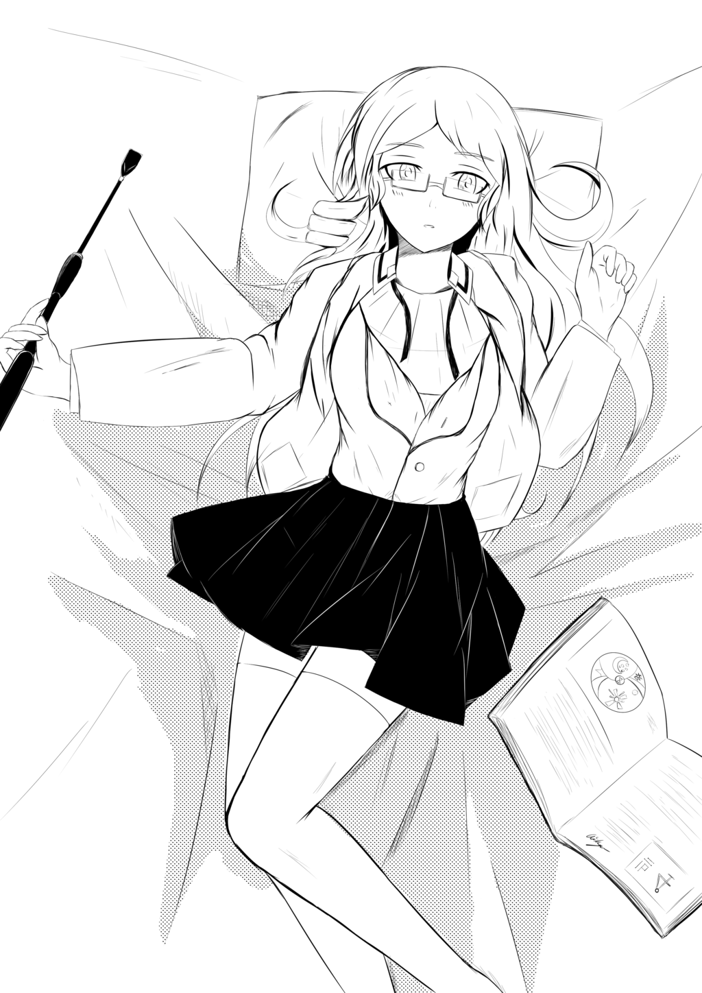 1girl aikiyun blush book drill_hair glasses glynda_goodwitch greyscale highres long_hair lying monochrome on_back open_book open_clothes riding_crop rwby solo teenage thigh-highs