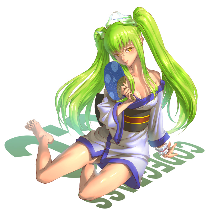 1girl alternate_costume alternate_hairstyle arm_support bare_legs bare_shoulders barefoot blush breasts c.c. character_name cleavage closed_mouth code_geass coldrim collarbone commentary_request copyright_name fan full_body green_hair green_ribbon hair_ribbon holding_fan japanese_clothes kimono long_hair long_sleeves looking_at_viewer medium_breasts obi off_shoulder paper_fan ribbon sash sidelocks sitting smile solo twintails uchiwa wrist_cuffs yellow_eyes yokozuwari