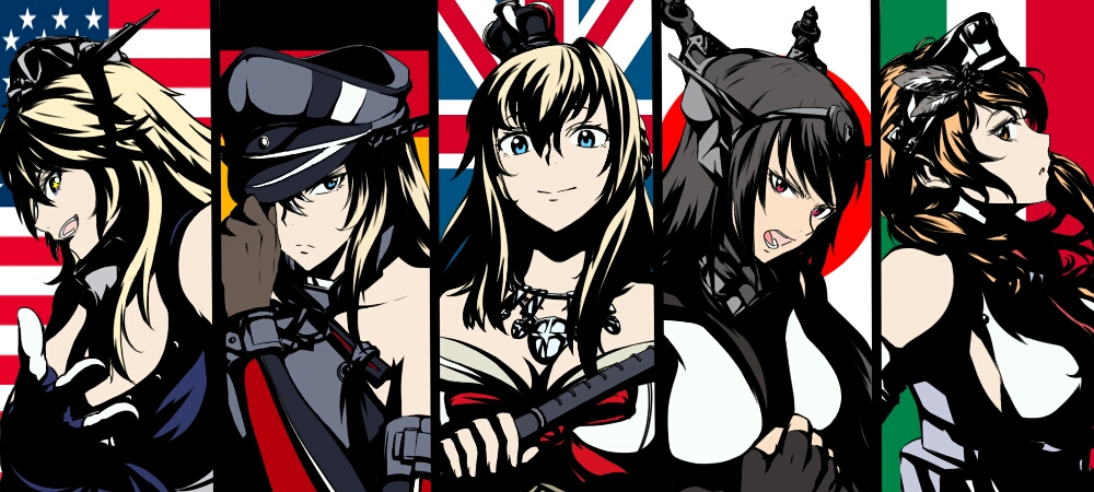 5girls adjusting_clothes adjusting_hat american_flag bare_shoulders bismarck_(kantai_collection) black_gloves black_hair blonde_hair blue_eyes braid breastplate breasts brown_eyes brown_gloves brown_hair cleavage crown detached_sleeves dress elbow_gloves fingerless_gloves flag flower french_braid front-tie_top german_flag gloves hat headgear iowa_(kantai_collection) iron_cross italian_flag japanese_flag kantai_collection kizeminato large_breasts littorio_(kantai_collection) long_hair long_sleeves military military_uniform mini_crown miniskirt multiple_girls nagato_(kantai_collection) off_shoulder open_mouth peaked_cap ponytail red_eyes red_ribbon red_rose ribbon rose scepter sideboob skirt uniform united_kingdom warspite_(kantai_collection) white_dress