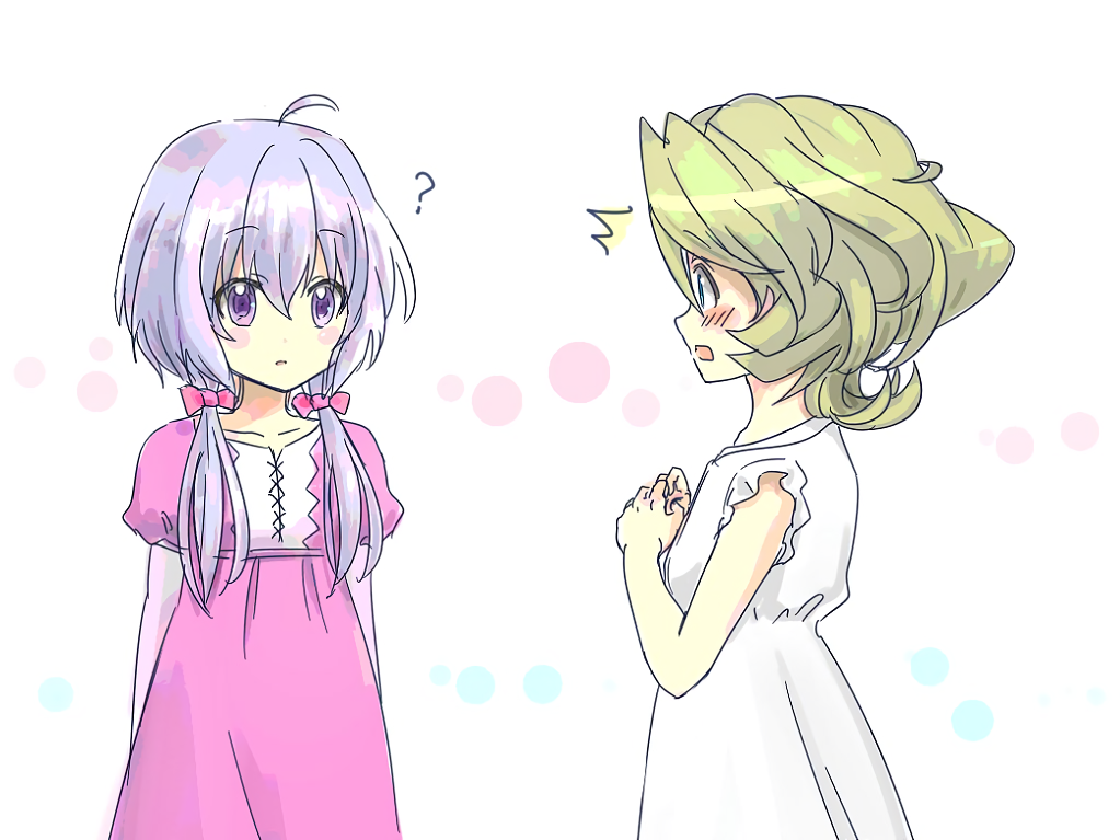 2girls :o ? ahoge arms_at_sides artist_request blush blush_stickers bow collarbone cross-laced_clothes curly_hair dress elfnein eyebrows eyebrows_visible_through_hair green_hair hair_bow lavender_hair long_hair long_sleeves looking_at_another low-tied_long_hair multiple_girls open_mouth parted_lips pink_bow pink_dress puffy_short_sleeves puffy_sleeves senki_zesshou_symphogear short_hair short_sleeves sleeveless sleeveless_dress source_request tagme twintails violet_eyes white_background white_dress younger yukine_chris