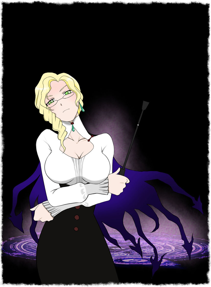 blonde_hair breasts cape cleavage crossed_arms drill_hair earrings glasses glynda_goodwitch green_eyes jewelry large_breasts magic_circle riding_crop rwby sabachiyo_land