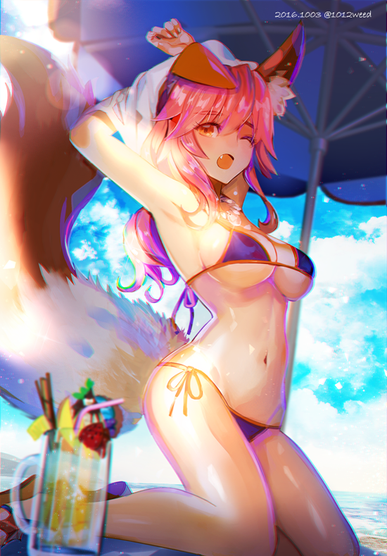 1girl 2016 ;o animal_ears armpits arms_up bangs beach beach_umbrella bikini blue_bikini blue_sky blurry breasts cloud cup dated day depth_of_field drink drinking_glass drinking_straw eyebrows eyebrows_visible_through_hair fang fate/extra fate/grand_order fate_(series) flip-flops food fox_ears fox_tail from_below fruit glass hair_between_eyes kneeling large_breasts lens_flare light_particles long_hair navel one_eye_closed outdoors pink_hair sandals shade shiny shiny_skin shirt side-tie_bikini sky solo stomach strap_gap strawberry string_bikini summer swimsuit t-shirt tail tamamo_(fate)_(all) tamamo_no_mae_(swimsuit_lancer)_(fate) tropical_drink twitter_username umbrella underboob undressing weed_(astarone) wet wet_clothes wet_shirt wet_t-shirt white_shirt yellow_eyes