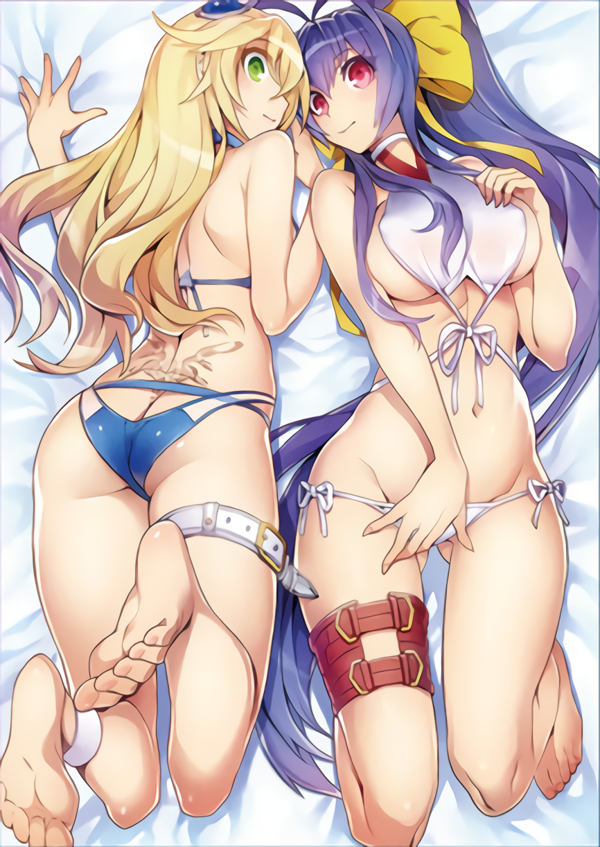 2girls anklet antenna_hair arc_system_works ass ass_visible_through_thighs back back_tattoo barefoot bed_sheet bikini blazblue blazblue:_central_fiction blonde_hair blue_hair bow breasts choker covered_nipples covering covering_crotch from_behind front-tie_bikini front-tie_top genderswap genderswap_(mtf) green_eyes groin hair_bow hairpods hand_on_own_chest highres jewelry jpeg_artifacts katou_yuuki large_breasts long_hair looking_at_viewer looking_back lowleg lowleg_bikini mai_natsume multiple_girls navel noel_vermillion official_art ponytail promotional_art revealing_clothes side-tie_bikini sideboob smile soles string_bikini swimsuit tattoo toes tramp_stamp upscaled very_long_hair violet_eyes waifu2x white_bikini white_swimsuit yellow_bow