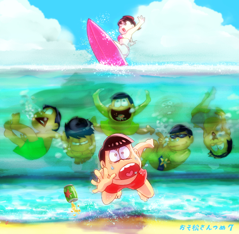 1girl 6+boys asphyxiation beach beer_can bikini blue_sky brothers brown_eyes brown_hair clouds dayoon drowning fish heart heart_in_mouth hijirisawa_shonosuke male_swimwear matahei matsuno_choromatsu matsuno_ichimatsu matsuno_juushimatsu matsuno_karamatsu matsuno_osomatsu matsuno_todomatsu multiple_boys one_eye_closed osomatsu-kun osomatsu-san sextuplets short_twintails siblings sky smile starfish surfboard surfing sweat swim_trunks swimsuit swimwear twintails yowai_totoko