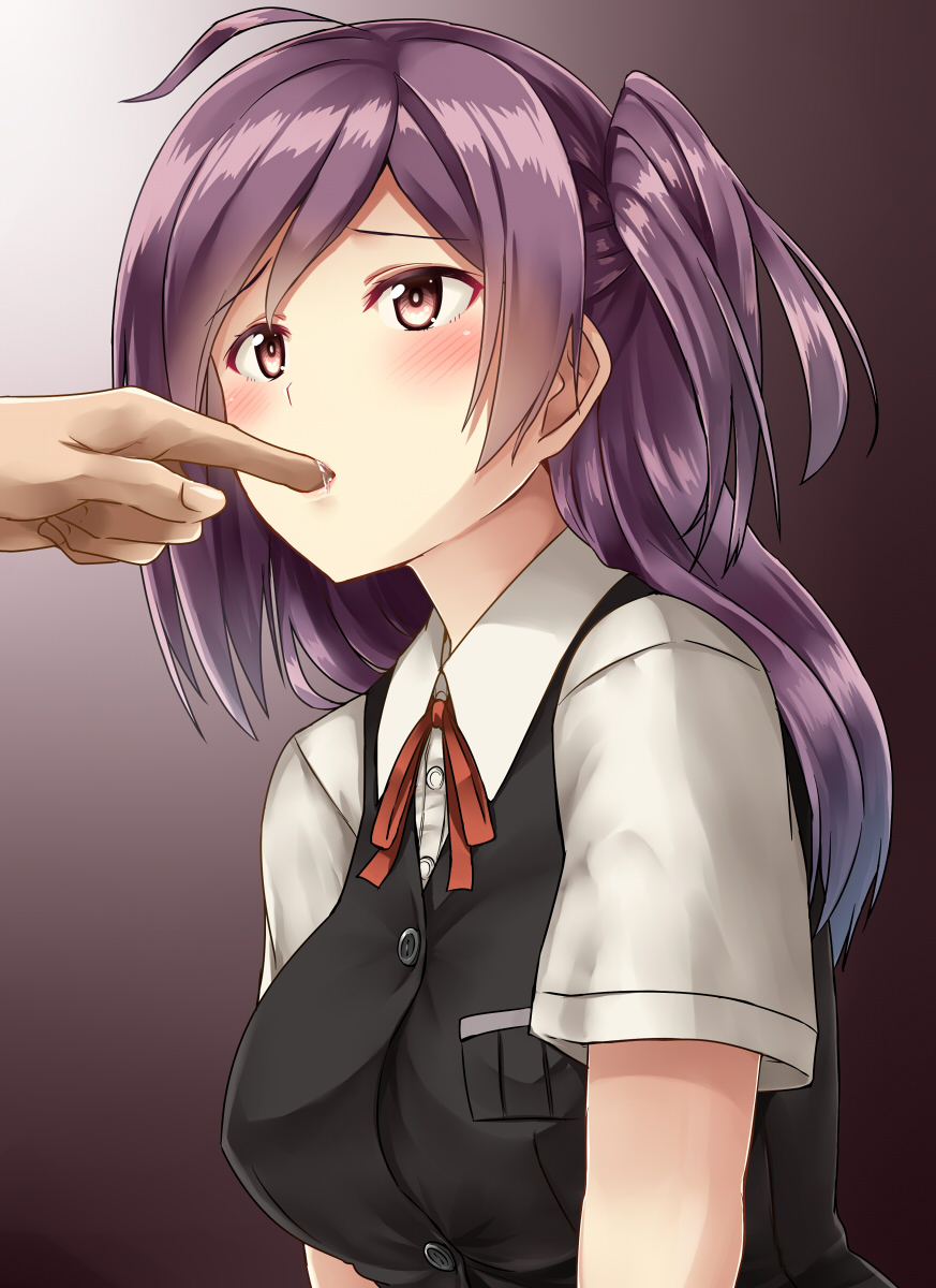 1boy 1girl blouse blush breasts brown_eyes finger_in_mouth finger_sucking hagikaze_(kantai_collection) highres kamelie kantai_collection lips long_hair neck_ribbon out_of_frame pink_background purple_hair red_ribbon ribbon saliva school_uniform short_sleeves side_ponytail vest white_blouse