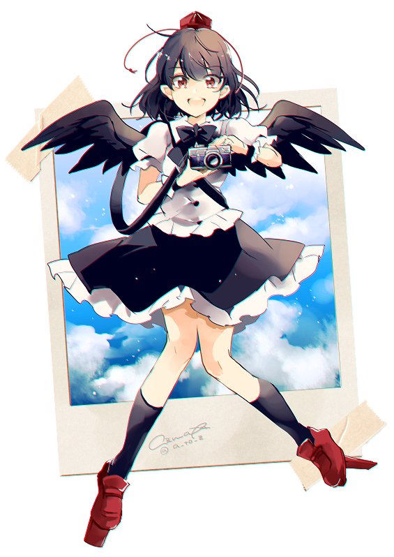 1girl artist_name azuma_aya bird_wings black_skirt blouse blue_sky bow brown_hair camera clouds commentary_request geta hat holding holding_camera knees_together_feet_apart legs_apart looking_at_viewer open_mouth polaroid puffy_short_sleeves puffy_sleeves red_eyes shameimaru_aya short_hair short_sleeves sketch skirt sky smile solo strap tape tengu-geta tokin_hat touhou twitter_username white_blouse wings wrist_cuffs