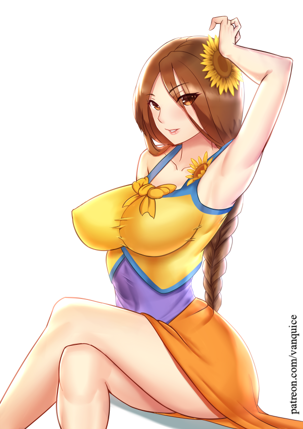 1girl braid breasts brown_eyes brown_hair covered_nipples flower hair_flower hair_ornament impossible_clothes impossible_shirt large_breasts league_of_legends leona_(league_of_legends) ponytail sarong shirt simple_background sunflower_hair_ornament swimsuit tagme vanquice white_background