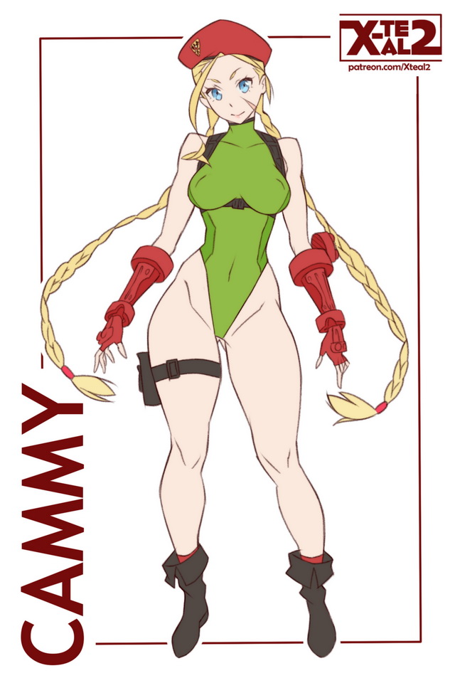 1girl artist_name beret blonde_hair blue_eyes boots braid cammy_white character_name fingerless_gloves full_body gloves hat highleg highleg_leotard holster leotard looking_at_viewer scar smile solo street_fighter thigh_holster twin_braids twintails watermark web_address x-teal2