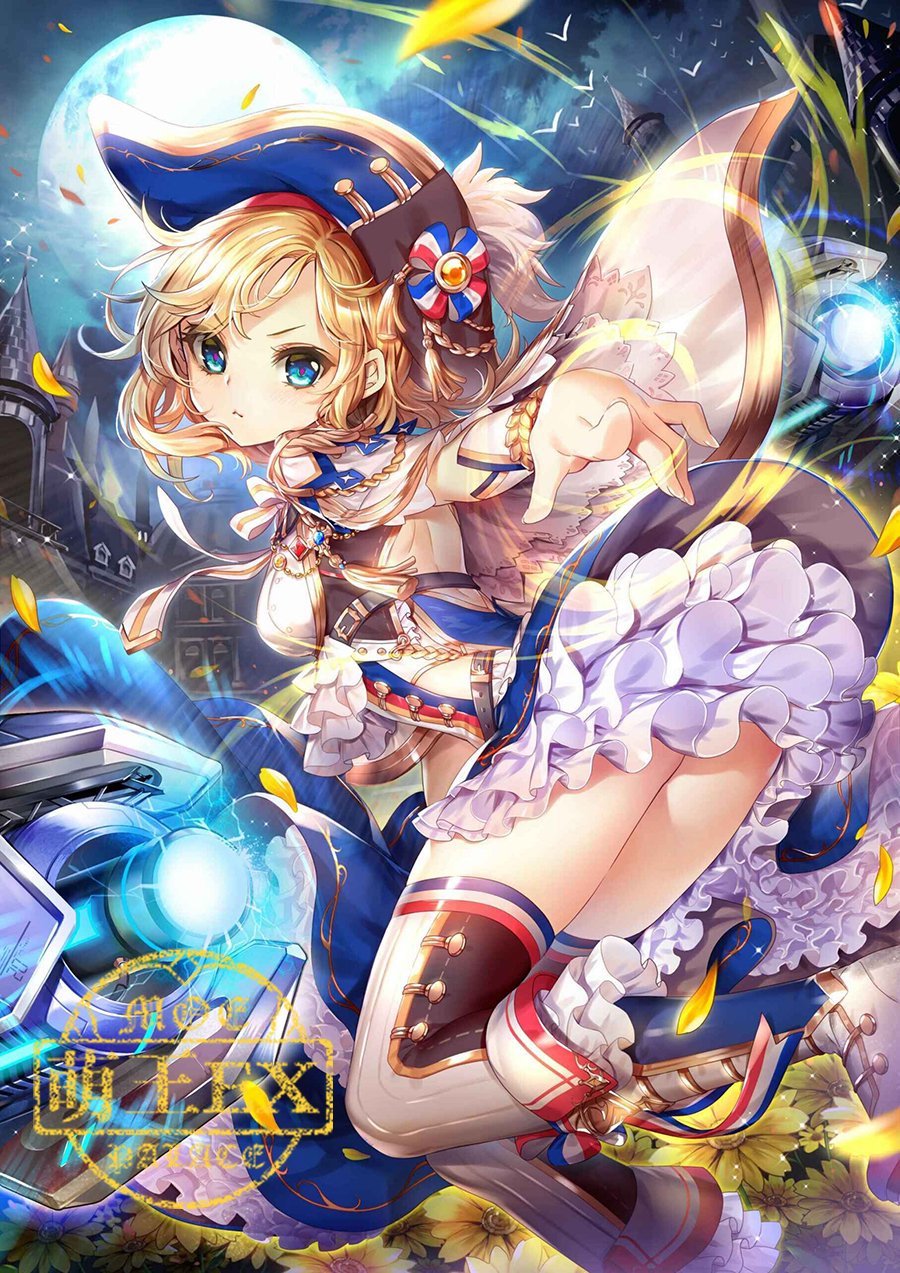1girl artist_request blonde_hair blue_eyes boots capelet flower frilled_skirt frills hat highres knee_boots looking_at_viewer looking_back machinery moon night petals pleated_skirt serious short_hair signature skirt solo thigh-highs