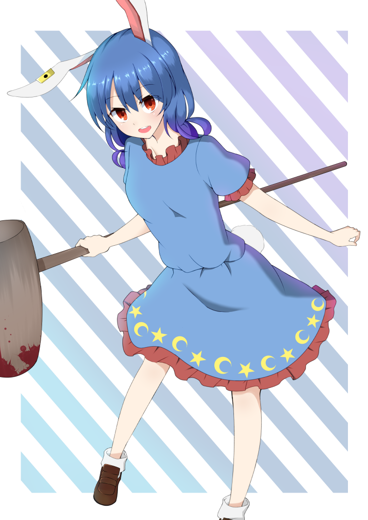 1girl animal_ears blood blood_stain bloody_weapon blouse blue_hair bunny_tail crescent_moon gradient_hair looking_at_viewer mallet moon moon_print multicolored_hair open_mouth rabbit_ears red_eyes seiran_(touhou) shoes short_hair skirt skirt_set socks solo star star_print striped striped_background tail touhou weapon xialuluo_(sharuro)