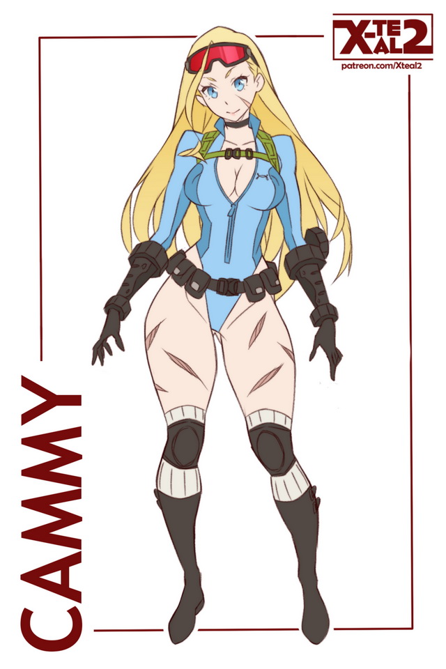1girl alternate_costume alternate_hairstyle artist_name blonde_hair blue_eyes boots breasts cammy_white character_name cleavage full_body harness highleg highleg_leotard knee_pads leotard long_hair looking_at_viewer scar smile solo street_fighter street_fighter_v thigh-highs thigh_boots watermark web_address x-teal2