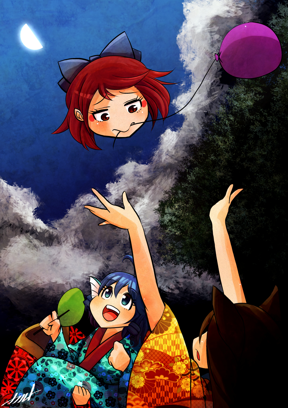 3girls balloon blue_eyes blue_hair brown_hair carrying carte clouds cloudy_sky disembodied_head drill_hair fan happy highres imaizumi_kagerou japanese_clothes kimono moon moonlight multiple_girls night night_sky open_mouth outstretched_arms paper_fan princess_carry red_eyes redhead sekibanki sky touhou uchiwa wakasagihime yukata