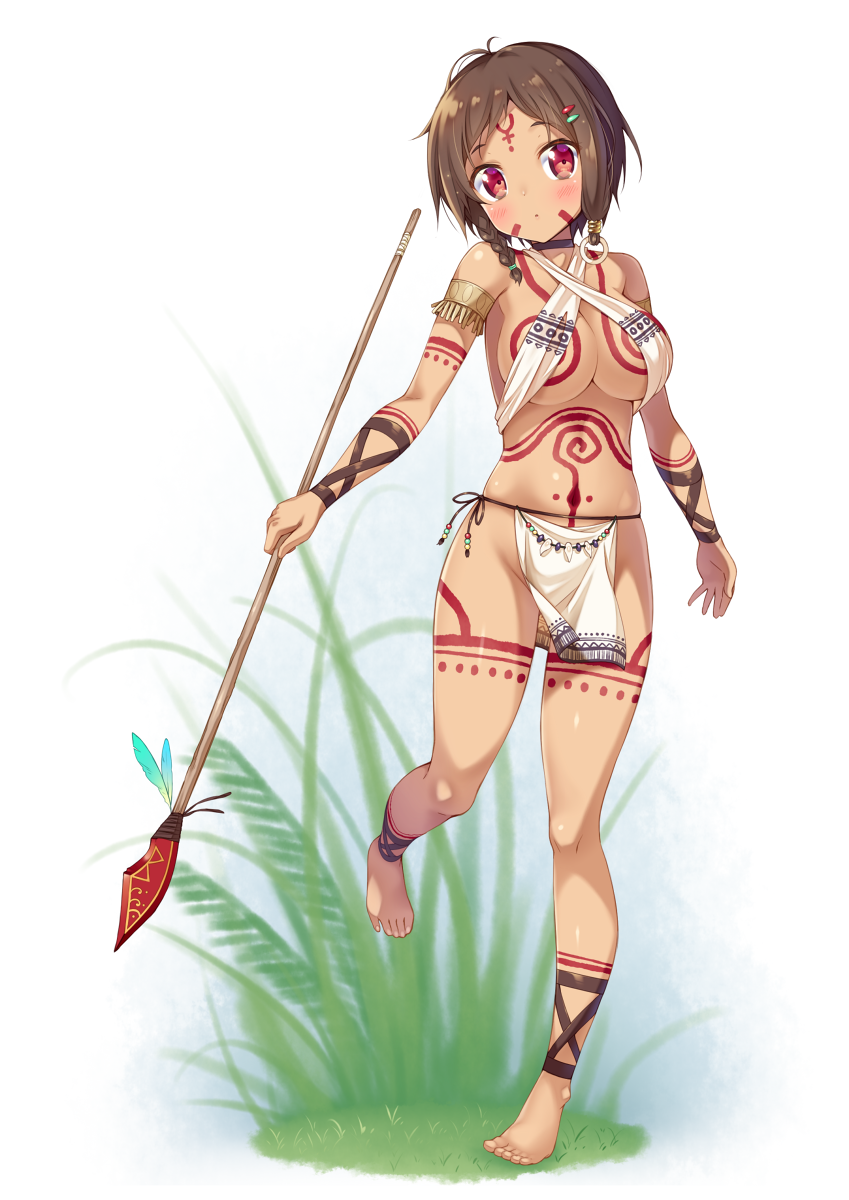 1girl :o armlet bare_shoulders barefoot beads blush braid breasts brown_hair choker cleavage commentary_request criss-cross_halter facial_mark feathers forehead_mark fringe full_body full_body_tattoo gradient grass hair_ornament hair_tie hairclip halter_top halterneck highres holding holding_weapon ichi_makoto jewelry leg_up legs_apart loincloth looking_at_viewer medium_breasts midriff navel original polearm red_eyes ring shade shiny shiny_skin side_braid single_braid skindentation solo spear standing standing_on_one_leg stomach tan tattoo toenails under_boob weapon