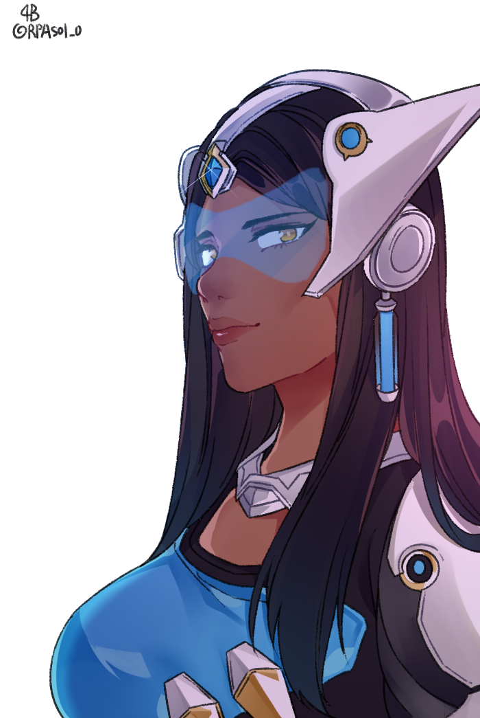 1girl artist_name asymmetrical_clothes bangs blue_dress breasts brown_hair brown_lipstick cyborg dark_skin dress earrings forehead_jewel futo_20 headgear jewelry large_breasts lipstick long_hair makeup mechanical_arm necklace overwatch parted_bangs simple_background solo symmetra_(overwatch) twitter_username upper_body visor white_background yellow_eyes