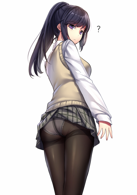 1girl aruma_jiki ass black_eyes black_hair black_legwear black_panties crotch_seam long_hair looking_at_viewer original panties panties_under_pantyhose pantyhose ponytail school_uniform skirt skirt_pull sweater_vest thighband_pantyhose underwear uniform white_panties