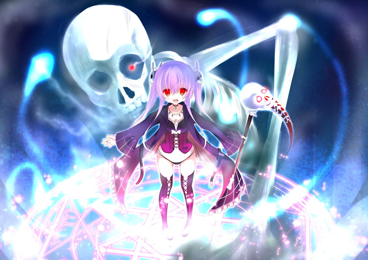 1girl black_panties blush boots from_above glowing glowing_eye hair_ornament jewelry long_hair magic_circle memento_(sennen_sensou_aigis) open_mouth panties purple_hair red_eyes reiji_0_g ring scythe sennen_sensou_aigis skeleton skull_hair_ornament thigh-highs thigh_boots twintails underwear