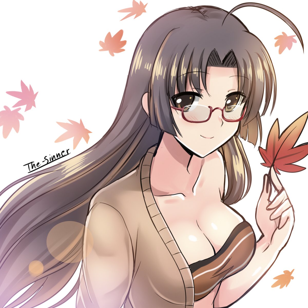 1girl ahoge artist_name autumn_leaves bare_shoulders breasts brown_eyes brown_hair cleavage collarbone commentary_request eyebrows eyebrows_visible_through_hair falling_leaves glasses hair_intakes highres holding_leaf kantai_collection leaf long_hair looking_at_viewer medium_breasts sarashi shouhou_(kantai_collection) smile solo the-sinner upper_body white_background