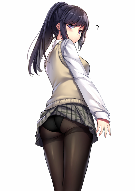 1girl aruma_jiki ass black_eyes black_hair black_legwear black_panties crotch_seam long_hair looking_at_viewer original panties panties_under_pantyhose pantyhose ponytail school_uniform skirt skirt_pull sweater_vest thighband_pantyhose underwear uniform