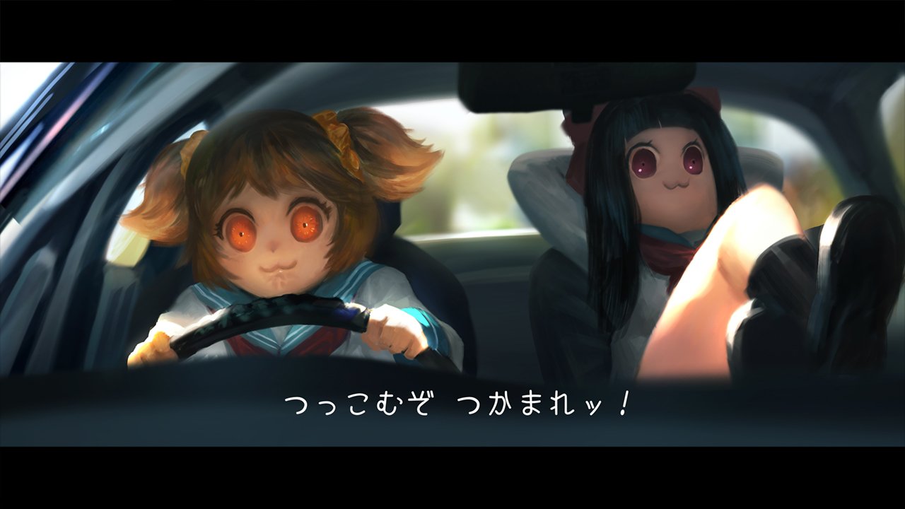 2girls :3 angry arms_behind_head bacius bangs black_hair black_shoes blunt_bangs bow car closed_mouth crossed_legs driving ground_vehicle hair_bow hime_cut letterboxed long_hair long_sleeves motor_vehicle multiple_girls orange_eyes orange_hair pipimi poptepipic popuko red_bow school_uniform scrunchie serafuku shoes short_hair short_twintails steering_wheel translated twintails violet_eyes