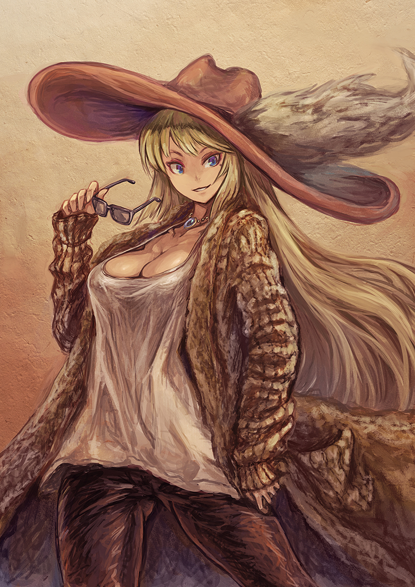 1girl awilda_(p&amp;d) blonde_hair breasts cleavage coat collarbone contemporary hat hat_feather jewelry large_breasts long_hair mole mole_under_eye necklace puzzle_&amp;_dragons shouma_(bravespiritya) smirk solo sunglasses very_long_hair