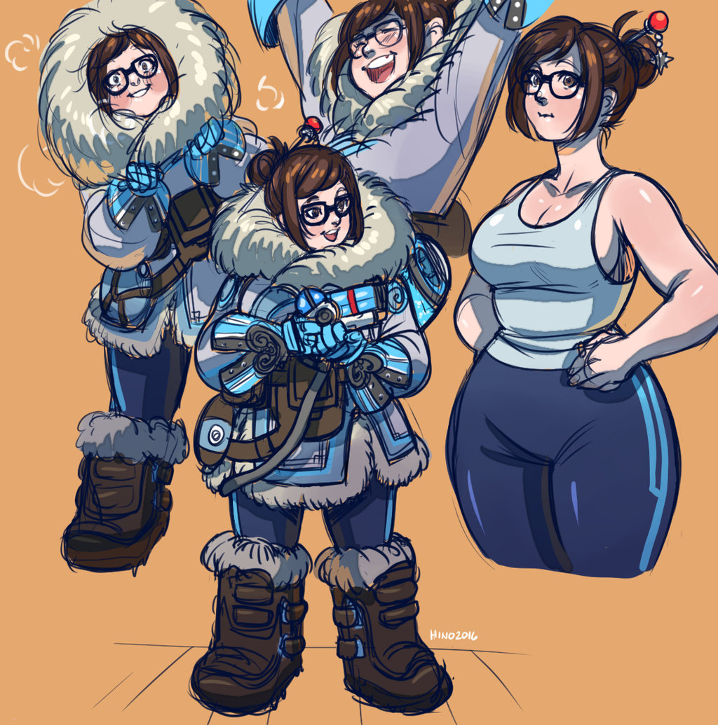 1girl black-framed_eyewear blush_stickers boots breasts brown_eyes brown_hair coat collage full_body fur_trim glasses gloves gun hair_bun hair_ornament hair_stick handgun kathleen_lim large_breasts mei_(overwatch) no_bra overwatch plump short_hair sideboob solo weapon wide_hips winter_clothes