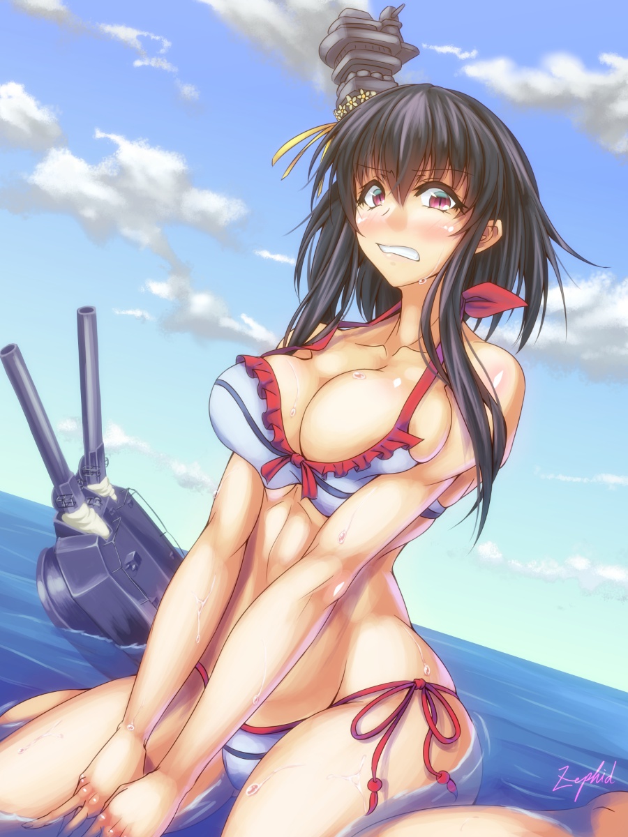 1girl bikini black_hair breasts cleavage clenched_teeth hair_ornament hair_ribbon highres kantai_collection large_breasts red_eyes ribbon short_hair_with_long_locks side-tie_bikini signature sitting solo swimsuit tears teeth turret wariza water yamashiro_(kantai_collection) zephid