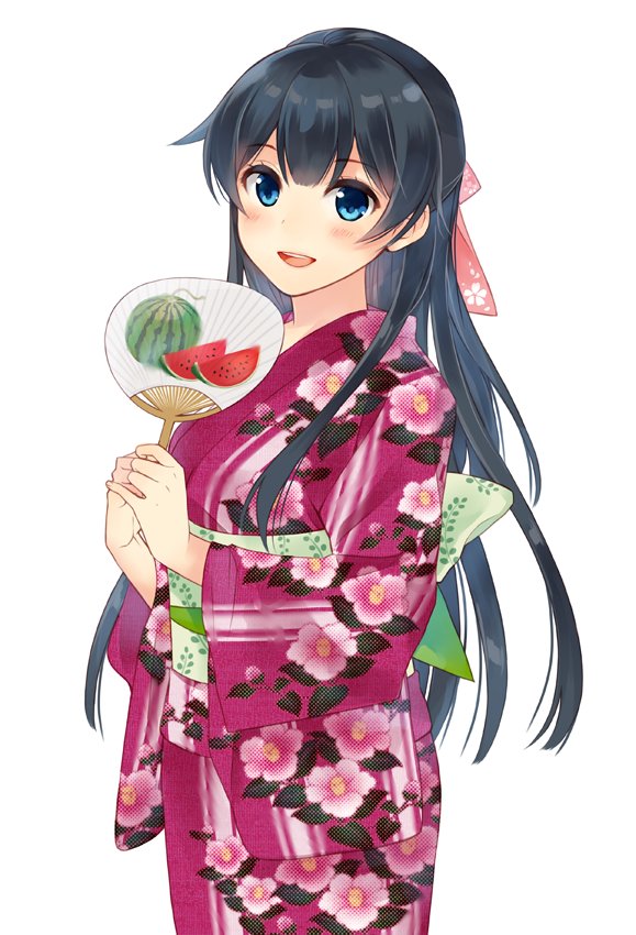 1girl agano_(kantai_collection) black_hair blue_eyes fan floral_print ichinomiya_(blantte) japanese_clothes kantai_collection kimono long_hair looking_at_viewer open_mouth paper_fan simple_background smile solo uchiwa white_background wide_sleeves yukata