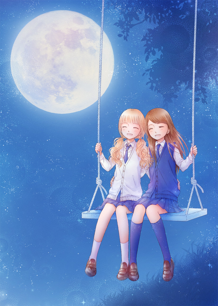 2girls blonde_hair blue_legwear blue_necktie blue_skirt brown_hair cardigan_vest closed_eyes eyelashes full_moon hand_on_another's_hip happy highres kneehighs loafers long_hair long_sleeves low_twintails moon multiple_girls necktie night open_mouth original outdoors pleated_skirt shoes short_hair sitting skirt sky smile socks star_(sky) starry_sky swing tenma_(yagami) tree twintails white_legwear yuri