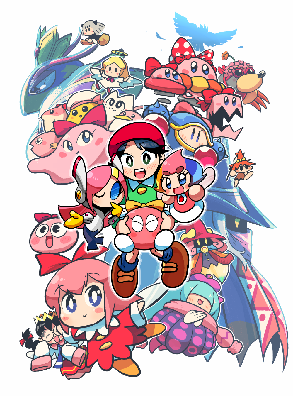 6+girls adeleine adventures_of_lolo angel_(kirby) armor beret bird black_hair blob_(kirby) blonde_hair blue_hair blue_legwear blush_stickers bouncy_(kirby) bouncy_sis_(kirby) bow boxy_(kirby) broom broom_riding brown_shoes chuchu_(kirby) claycia commentary_request crown drawcia dress dyna_blade elline_(kirby) fairy_wings feathers female_gooey_(kirby) glasses green_dress hair_ribbon hal_laboratory_inc. hands_in_sleeves hat highres hoshi_no_kirby hoshi_no_kirby_2 hoshi_no_kirby_3 hoshi_no_kirby_64 hoshi_no_kirby_kagami_no_daimeikyuu hoshi_no_kirby_sanjou!_dorocche_dan hoshi_no_kirby_super_deluxe hoshi_no_kirby_ultra_super_deluxe hoshi_no_kirby_wii iron_mam keke_(kirby) kirby's_dream_land_2 kirby's_dream_land_3 kirby:_planet_robobot kirby_(series) kirby_64 kirby_and_the_rainbow_curse kirby_canvas_curse kirby_squeak_squad kirby_triple_deluxe lalala_(kirby) mine_(kirby) mrs._moley multicolored_hair multiple_girls nintendo nyupun_(kirby) orange_hair paintra pick_(kirby) pink_hair pitch_mama polearm purple_hat queen_fairy queen_sectonia rariatto_(ganguri) red_bow red_dress red_hat red_ribbon ribbon ribbon_(kirby) round_glasses shiro_(kirby) shoes silver_hair simple_background sleeves_past_wrists spear susie_(kirby) touch_kirby! touch_kirby!_super_rainbow tress_ribbon weapon white_background wings witch_hat yariko_(kirby) yellow_bow yellow_eyes