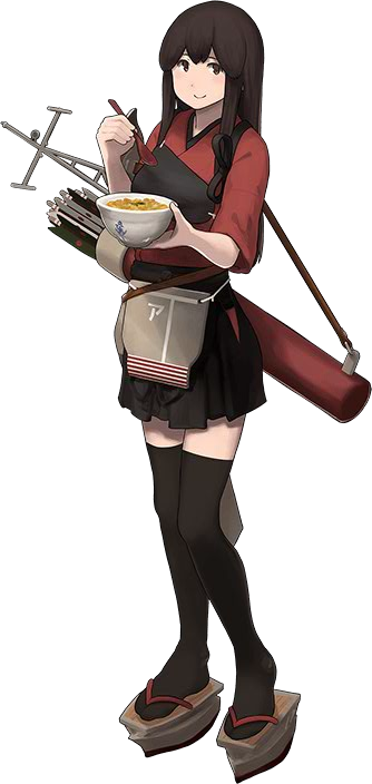 1girl akagi_(kantai_collection) arrow black_legwear bowl brown_eyes brown_hair chopsticks flight_deck hakama_skirt japanese_clothes kantai_collection kimono long_hair official_art oyakodon quiver sandals shibafu_(glock23) smile solo source_request spoon tasuki thigh-highs yugake zettai_ryouiki