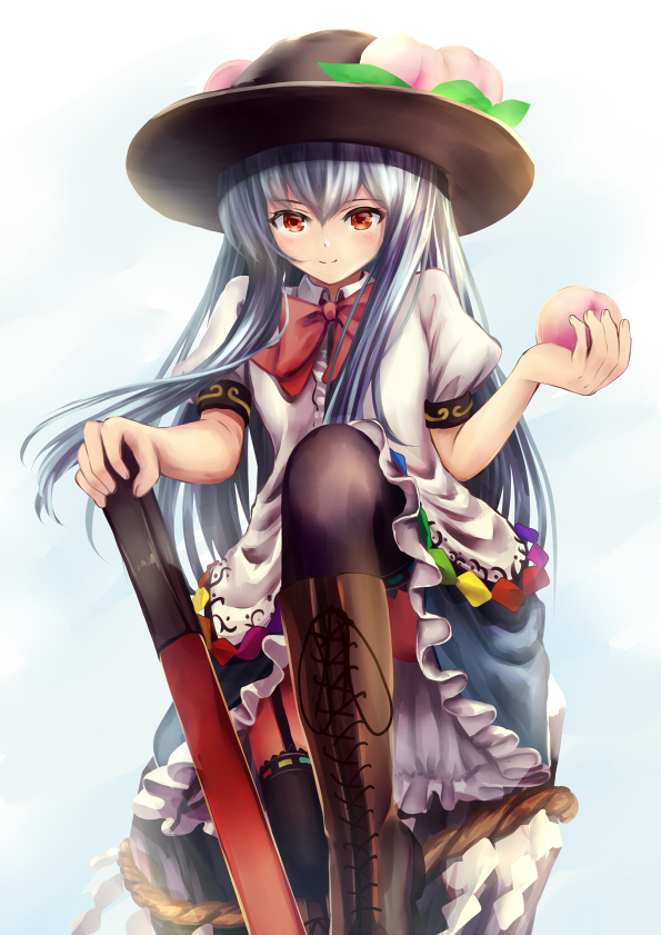 1girl black_hat black_legwear blue_hair blue_skirt blush boots bow bowtie brown_boots closed_mouth cross-laced_footwear dress_shirt food fruit garter_straps hat hinanawi_tenshi holding holding_fruit holding_sword holding_weapon keystone knee_boots knee_up lace-up_boots leaf long_hair looking_at_viewer ookashippo peach puffy_short_sleeves puffy_sleeves red_bow red_bowtie red_eyes shirt short_sleeves sidelocks skirt smile solo sword sword_of_hisou thigh-highs touhou weapon white_shirt