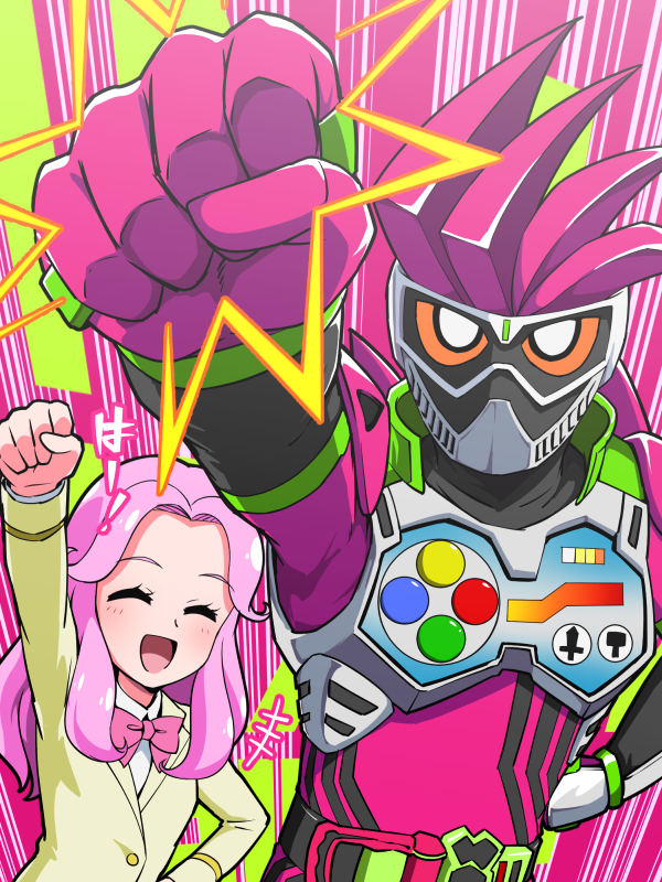 1boy 1girl closed_eyes female hanami_kotoha kamen_rider kamen_rider_ex-aid kamen_rider_ex-aid_(series) mahou_girls_precure! male mighty_action_x_level_2 pink_hair precure tj-type1