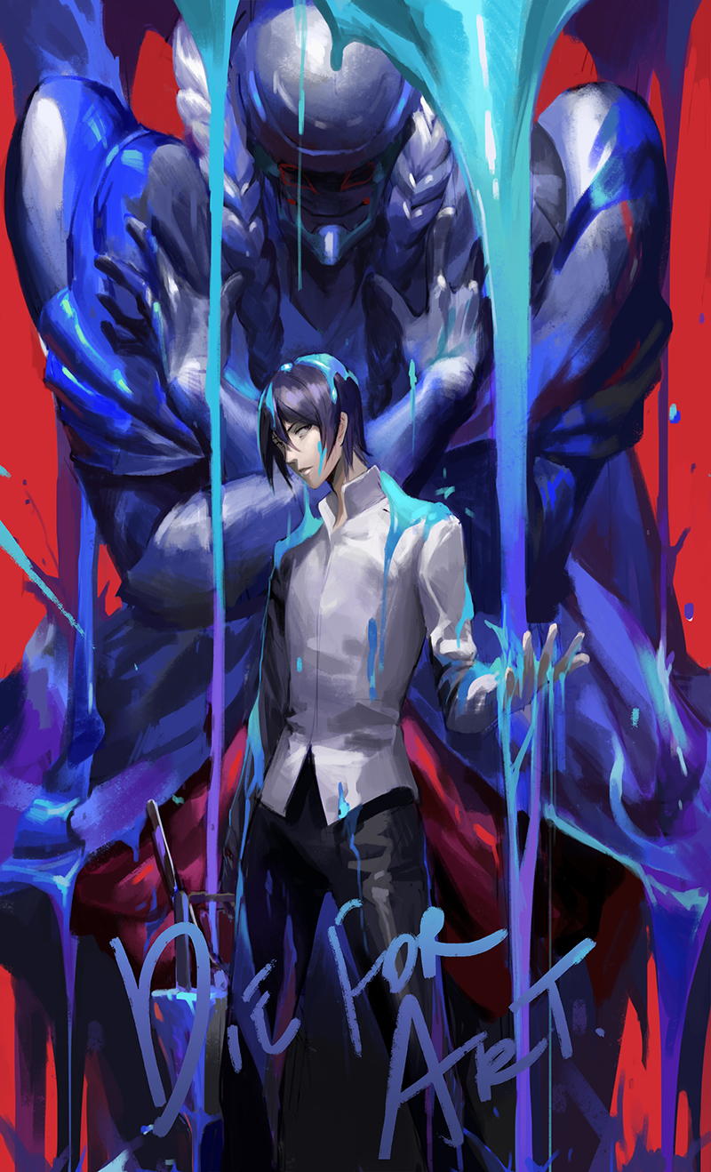 1boy arm_at_side black_eyes black_hair black_pants blue_eyes bucket collared_shirt dress_shirt dripping goemon_(persona) hair_between_eyes highres kitagawa_yuusuke kzcjimmy legs_apart liquid long_sleeves looking_at_viewer looking_to_the_side male_focus outstretched_hand paint pants parted_lips persona persona_5 red_background rope school_uniform shirt size_difference sketch smile standing text wet
