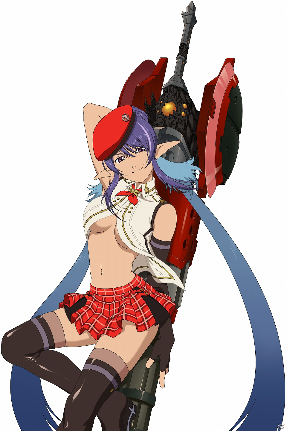 1girl alisa_ilinichina_amiella alisa_ilinichina_amiella_(cosplay) bare_shoulders black_boots black_gloves black_legwear blue_eyes boots breasts fingerless_gloves gloves god_eater god_eater_2:_rage_burst hat highres judith long_hair midriff navel official_art pleated_skirt silver_hair simple_background single_elbow_glove skirt solo tales_of_(series) tales_of_vesperia thigh-highs thigh_boots under_boob white_background zettai_ryouiki