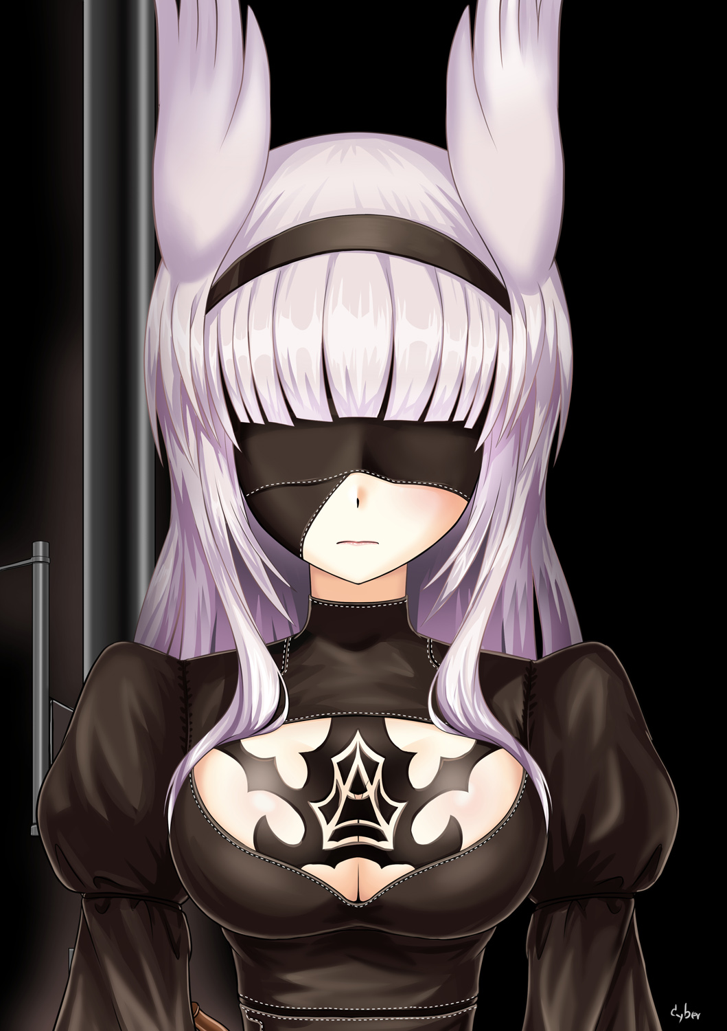 1girl animal_ears bangs black_dress blindfold blunt_bangs breasts cleavage cleavage_cutout cosplay cyber_(cyber_knight) dress hairband heidimarie_w_schnaufer highres lavender_hair long_hair long_sleeves nier_(series) nier_automata puffy_long_sleeves puffy_sleeves see-through solo strike_witches world_witches_series yorha_unit_no._2_type_b yorha_unit_no._2_type_b_(cosplay)