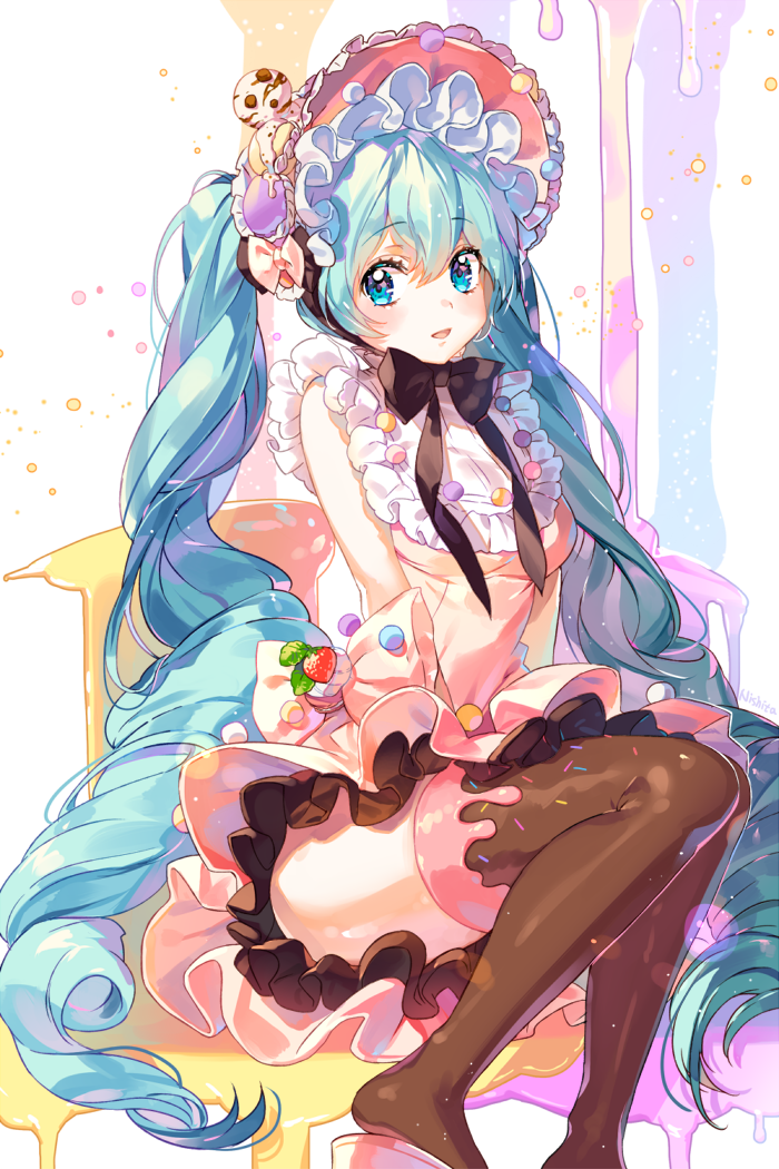 1girl :d bangs black_bow black_bowtie black_legwear blue_eyes blue_hair bonnet bow bowtie curly_hair dress food food_themed_clothes food_themed_hair_ornament frills fruit hair_ornament hatsune_miku ice_cream long_hair ninee open_mouth sitting smile solo sprinkles strawberry thigh-highs twintails very_long_hair vocaloid