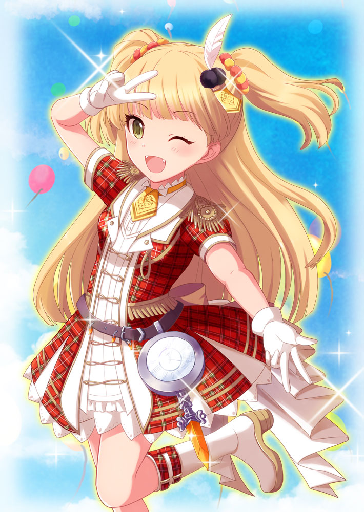 1girl across_the_stars balloon blonde_hair clock dress epaulettes feathers gloves green_eyes hair_feathers idolmaster idolmaster_cinderella_girls idolmaster_cinderella_girls_starlight_stage jougasaki_rika long_hair muraiaria one_eye_closed open_mouth plaid plaid_dress smile solo two_side_up v white_gloves