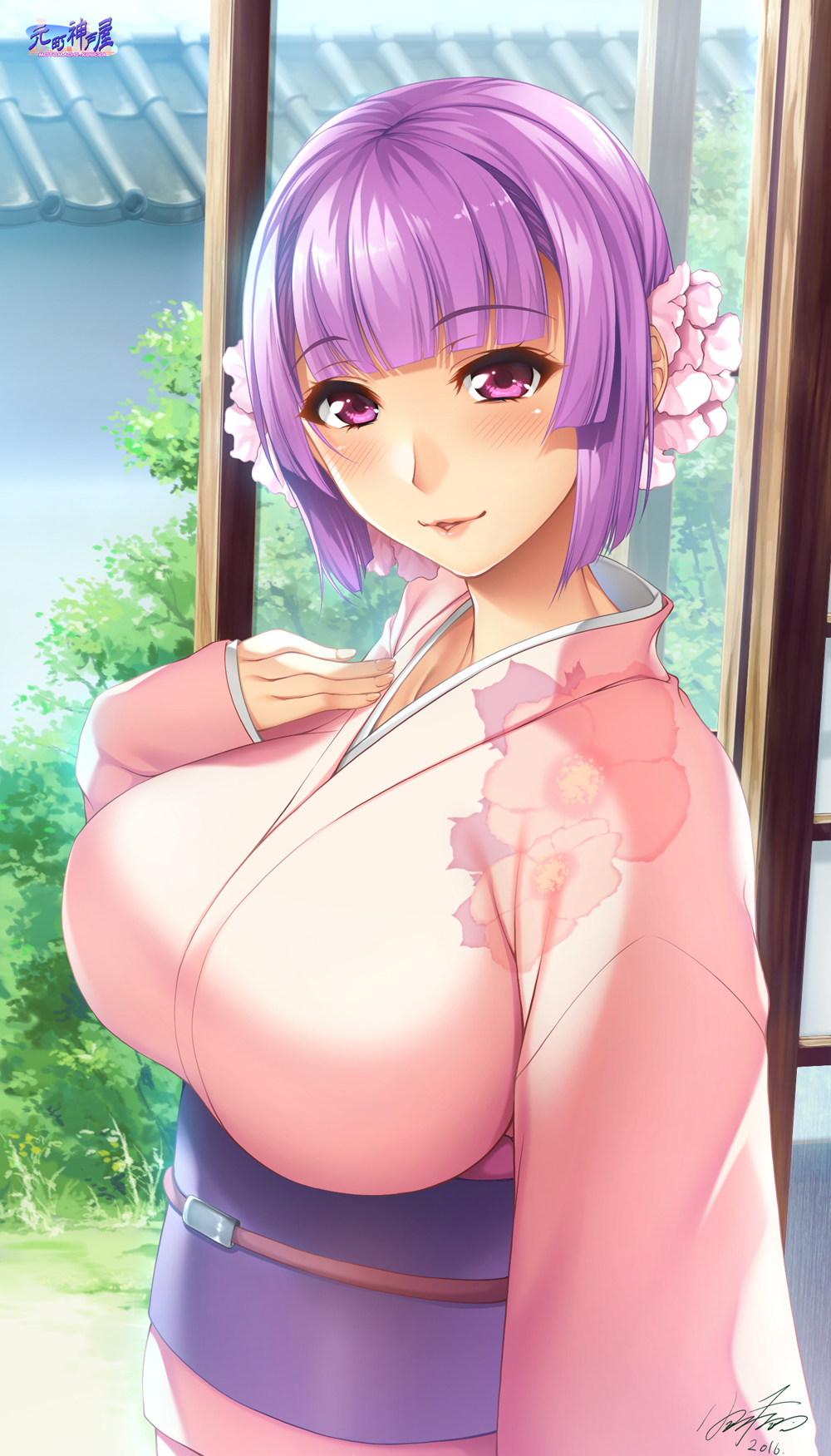 1girl 2016 architecture bangs blunt_bangs blush bob_cut breasts day east_asian_architecture eyebrows eyebrows_visible_through_hair fingernails floral_print flower from_side glass hair_flower hair_ornament hand_on_own_chest highres hozumi_kaoru huge_breasts indoors japanese_clothes kimono logo long_sleeves looking_at_viewer nanairo_reincarnation obi parted_lips pink_flower pink_kimono pink_lips purple_hair sash short_hair signature sky sleeves_past_wrists sliding_doors solo tree upper_body violet_eyes wide_sleeves