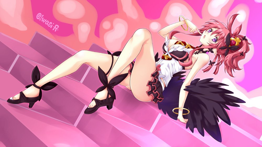 1girl black_shoes black_skirt bracelet breasts chestnut_mouth cleavage crown disgaea feather_boa full_body iwasi-r jewelry looking_at_viewer makai_senki_disgaea_5 mini_crown miniskirt pink_background pink_hair ponytail seraphina_(disgaea) shoes short_hair sitting skirt solo twitter_username violet_eyes