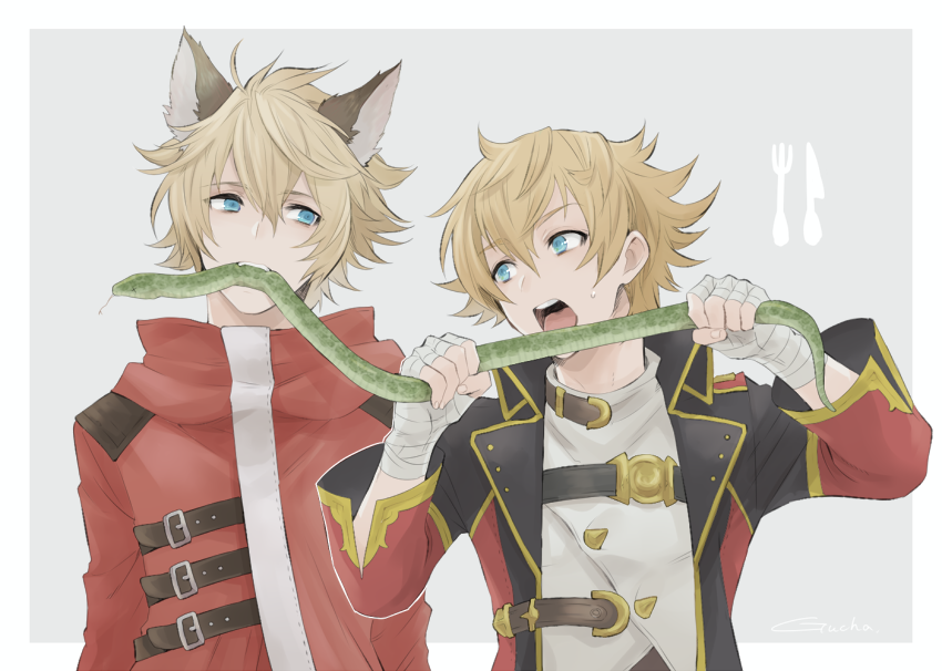 2boys animal animal_ears bandages blonde_hair blue_background blue_eyes coat erun_(granblue_fantasy) feather_(granblue_fantasy) fork granblue_fantasy gucha_(netsu) knife looking_at_another male_focus mouth_hold multiple_boys open_clothes open_coat open_mouth simple_background snake stan_(grandblue_fantasy) upper_body