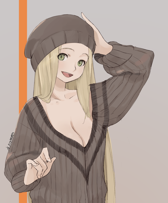 1girl 2016 :d artist_name beanie blonde_hair breasts cleavage collarbone dated diola_(granblue_fantasy) fingernails granblue_fantasy green_eyes hand_on_headwear hat large_breasts long_hair masato_(mirai_koubou) open_mouth smile solo