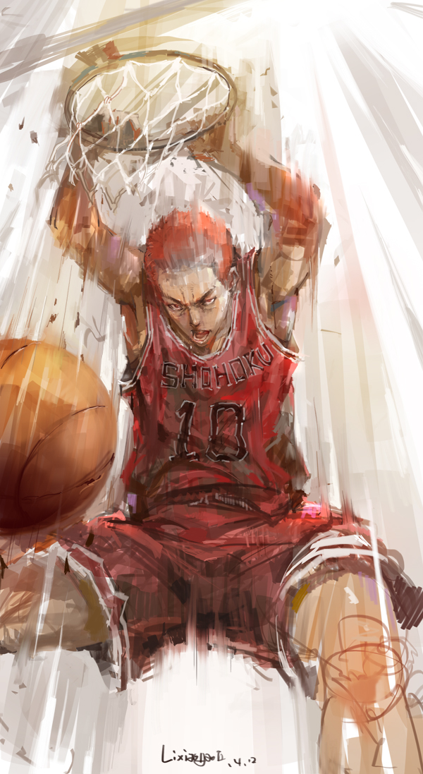 1boy basketball basketball_uniform lixiaoyao_ii male_focus redhead sakuragi_hanamichi short_hair shorts slam_dunk solo sportswear sweat