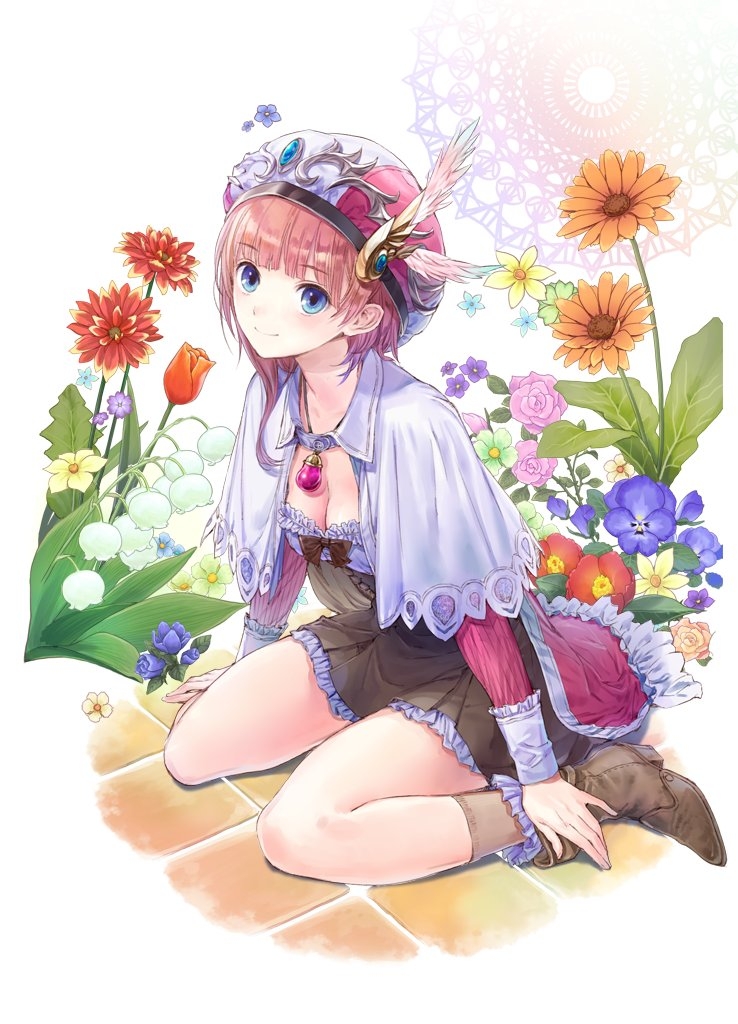1girl atelier_(series) atelier_rorona atelier_totori blue_eyes boots brown_dress cape capelet dress flower frills full_body hat kishida_mel long_hair long_sleeves looking_at_viewer pink_hair rororina_fryxell simple_background skirt smile solo