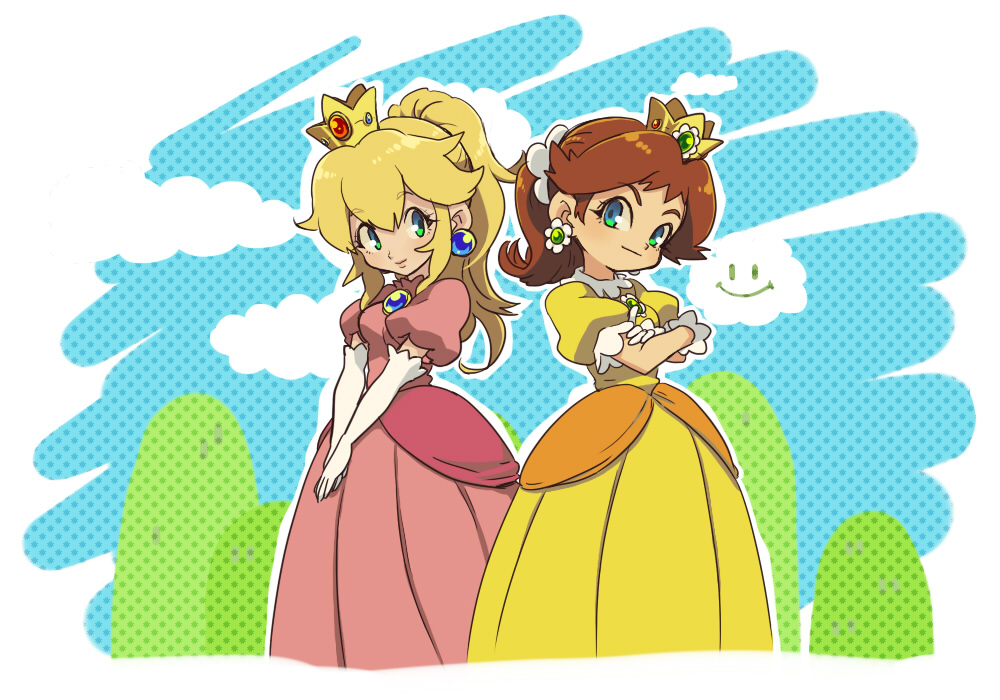 2girls blonde_hair brown_hair clouds crossed_arms crown dress earrings elbow_gloves flower flower_earrings gloves green_eyes hair_flower hair_ornament jewelry super_mario_bros. multiple_girls oto pink_dress ponytail princess_daisy princess_peach smile super_mario_bros. super_mario_land white_gloves yellow_dress